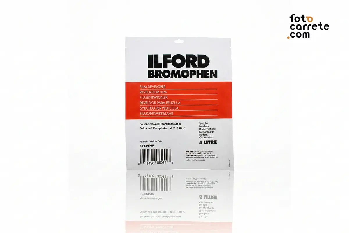Reverso del sobre de revelador Ilford Bromophen para 5 litros