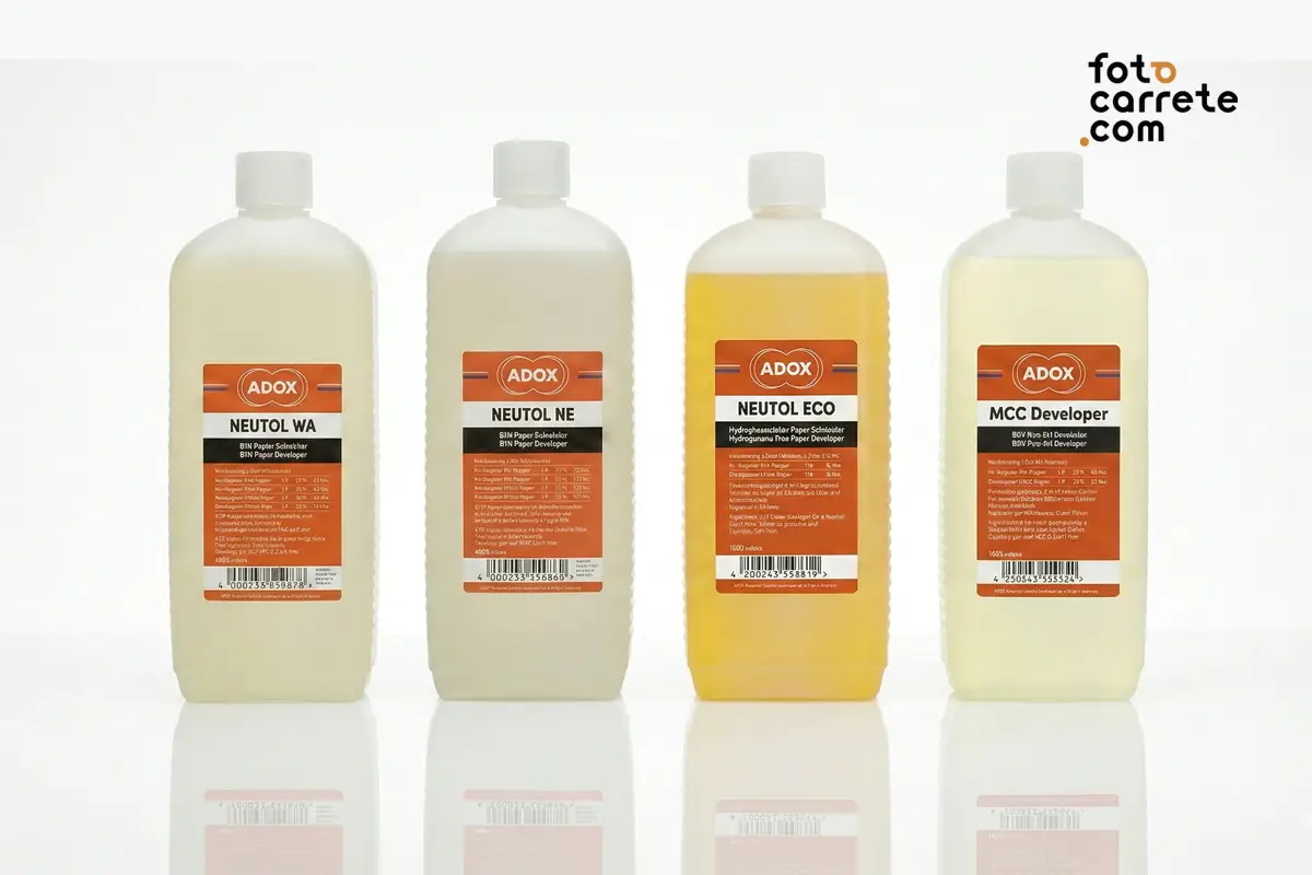 Botellas de reveladores de papel Adox Neutol WA, Neutol NE, Neutol ECO y MCC Developer