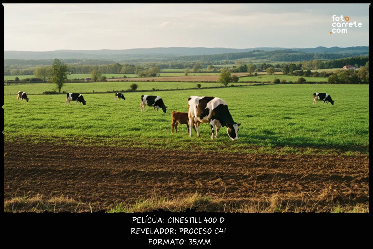 Paisaje verde con vacas pastando disparado con carrete CineStill 400D en 35mm