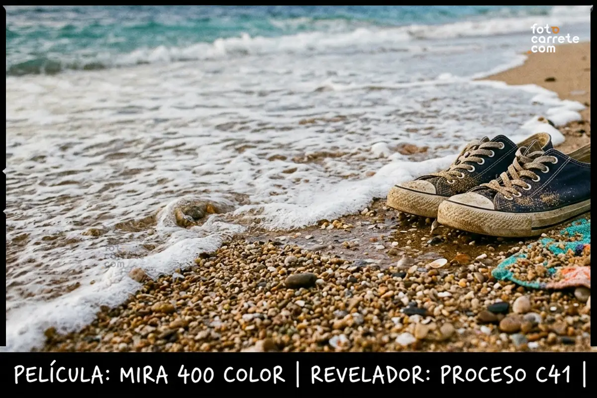 Zapatillas en la orilla del mar capturadas con carrete Mira 400 Color en 35mm.