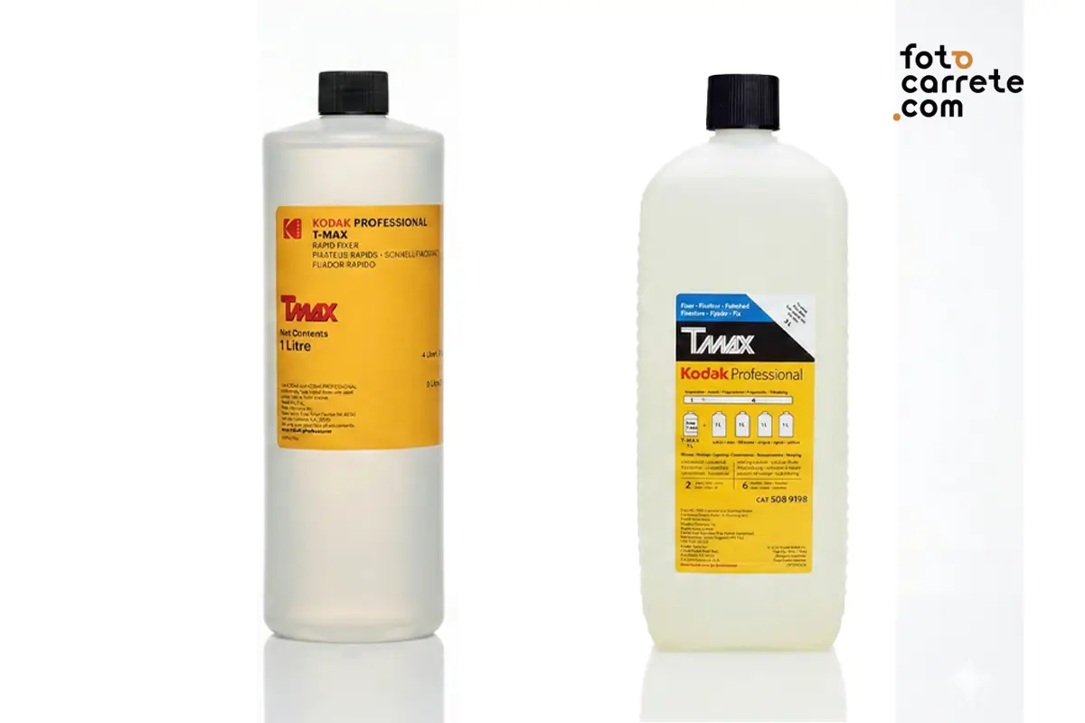 Botellas antigua y nueva del fijador rápido Kodak T-Max Rapid Fixer de 1 litro