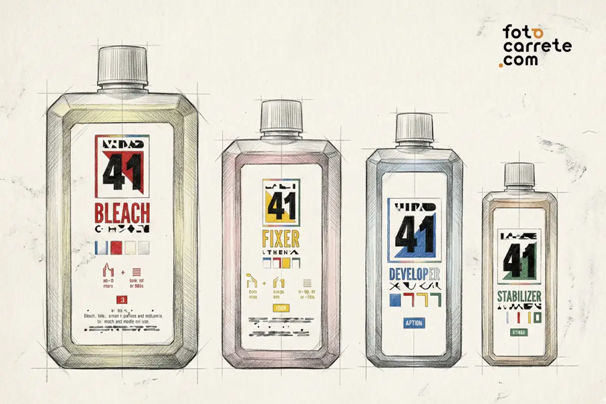 Ilustración de botellas para químicos de revelado fotográfico C-41