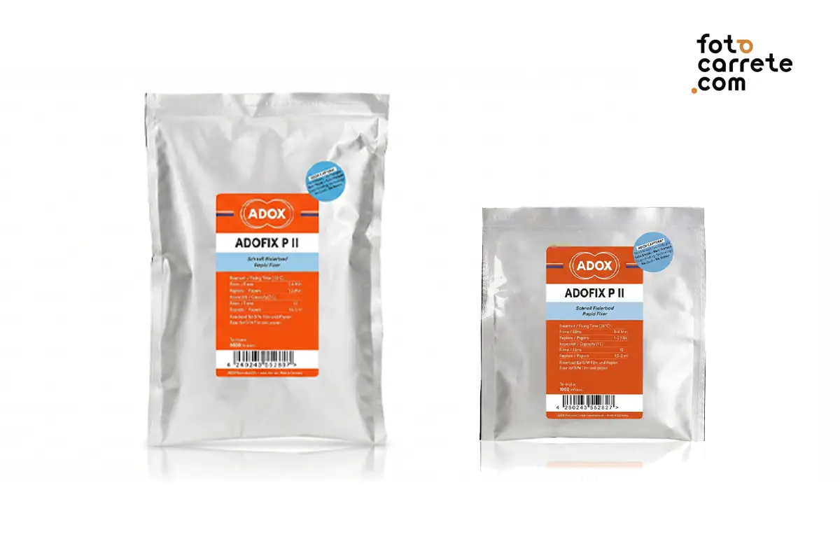 Sobres de fijador en polvo Adox Adofix P II en formatos de 5 litros y 1 litro
