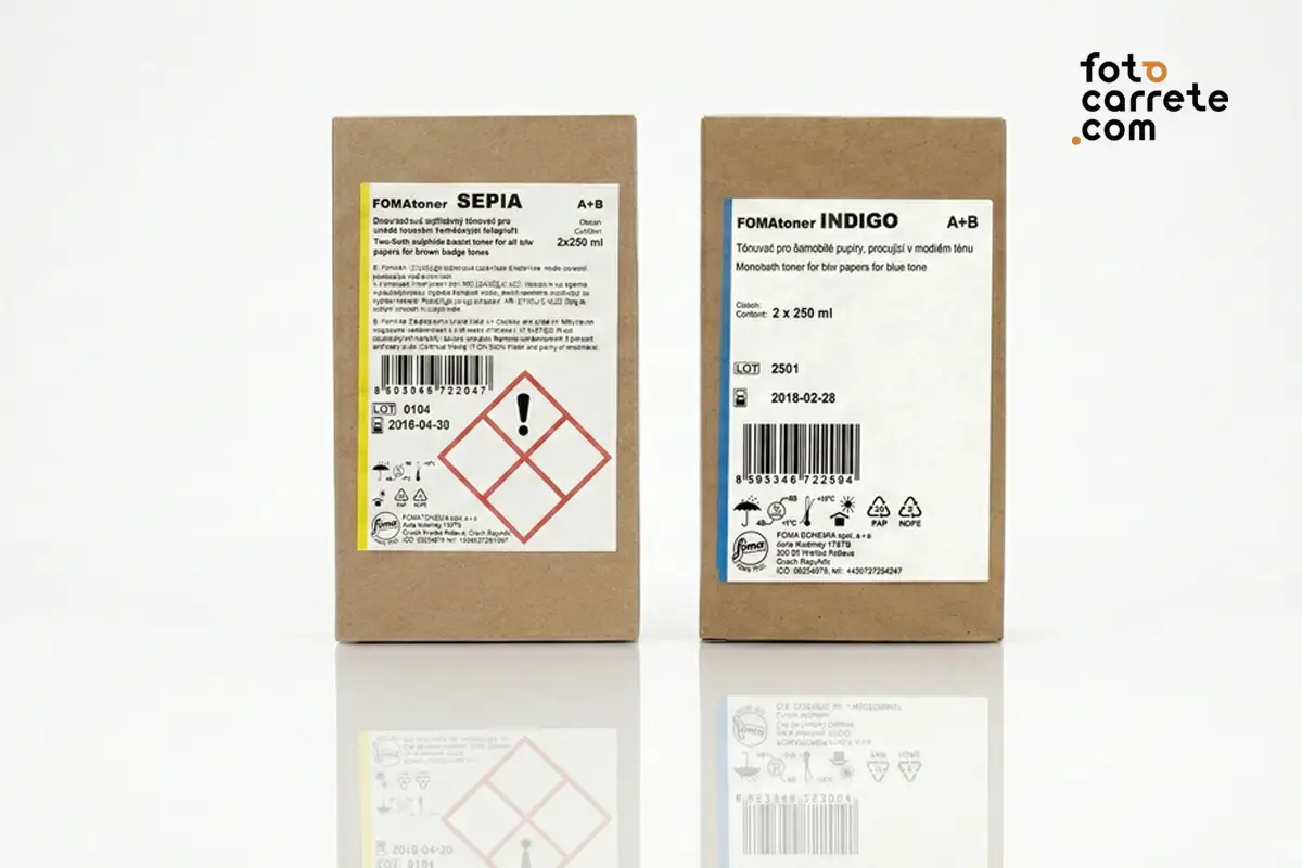 Cajas de viradores fotográficos Fomatoner Sepia e Indigo