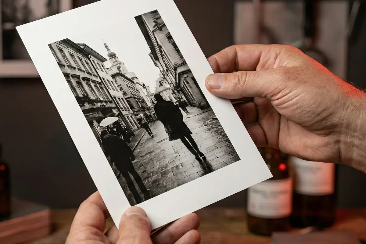 Fotógrafo sosteniendo una copia baritada tamaño 13x18 cm para referencia de escala.