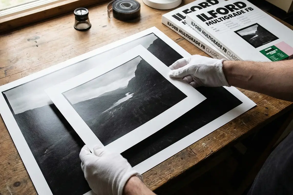 Comparativa de tamaño papel Ilford FB 24x30 cm frente a 18x24 cm. disponibles en FotoCarrete