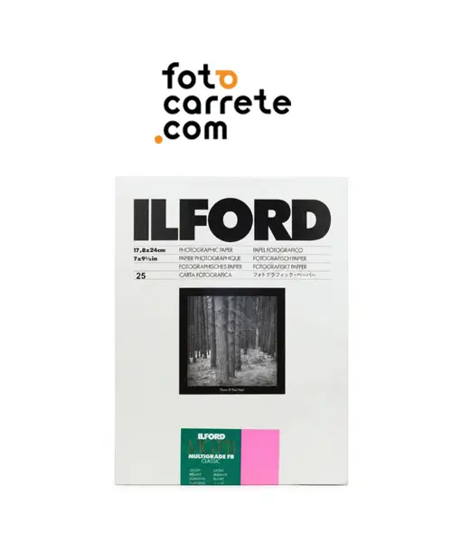 Papel Ilford Warmtone Multigrade RC Glossy brillo, sobre de hojas para positivado con tonos marrones profundos.