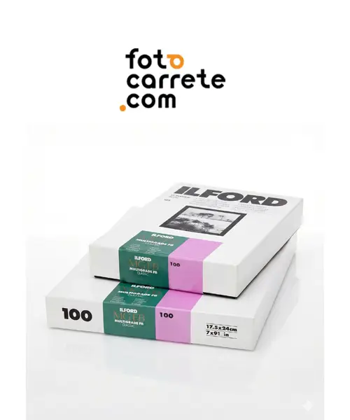 Cajas de papel Ilford Multigrade RC Deluxe Warmtone acabado Satin brillo, ideal para tonos cálidos en blanco y negro.