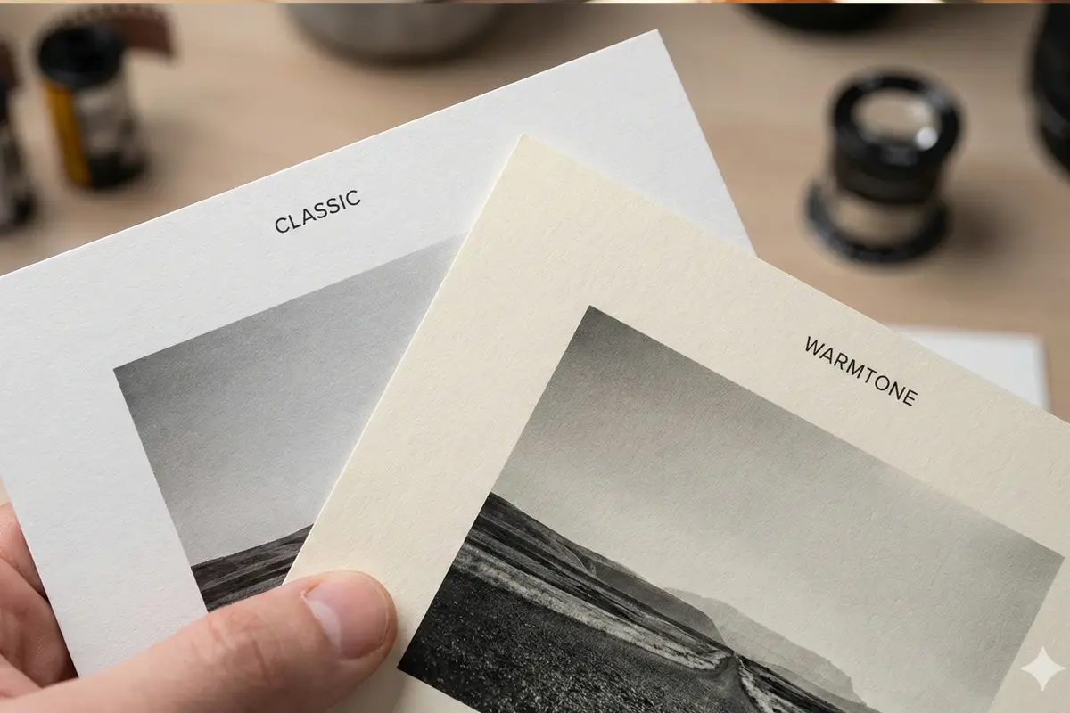 Comparativa de tono de base entre papel Ilford FB Classic (blanco) y FB Warmtone (crema).