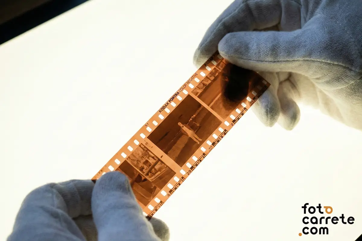 FotoCarrete Servicio de Revelado técnico revisando tira de negativos observada por técnico control de calidad