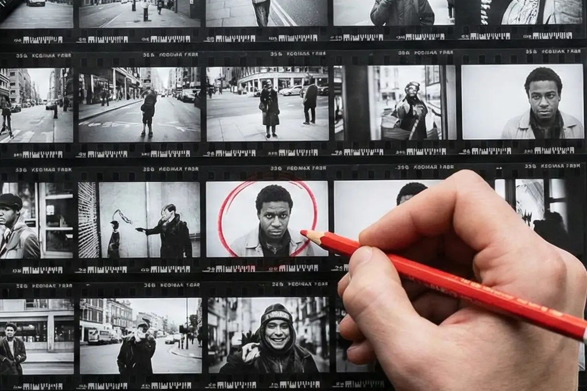 Hoja de contactos realizada en papel Ilford Multigrade RC para selección de negativos y edición de fotografía de calle.