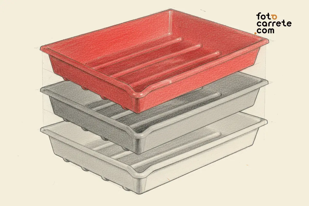 Boceto de tres cubetas de revelado fotográfico apiladas