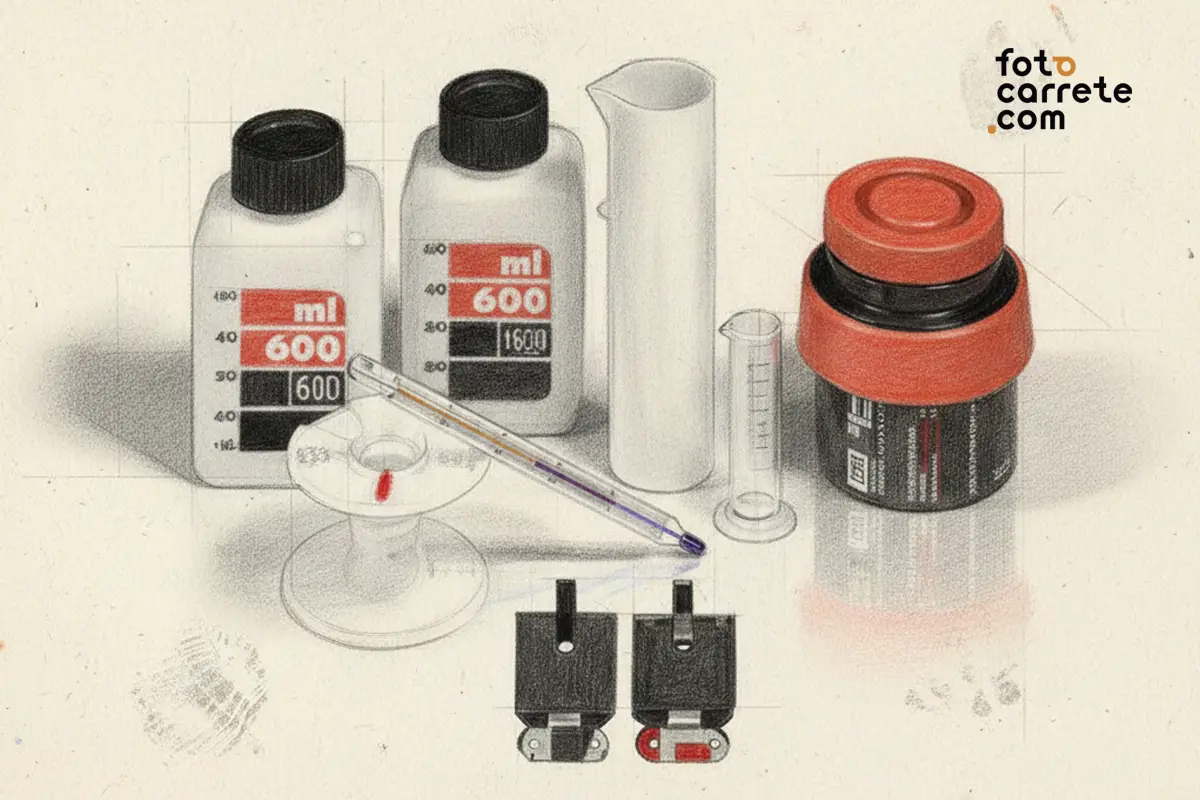 Boceto de un kit básico de revelado analógico con tanque y químicos