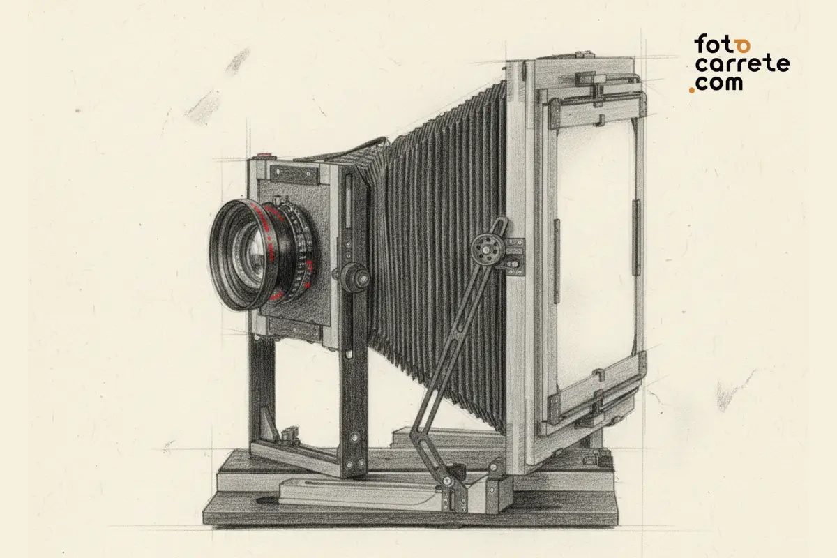 Boceto de la parte trasera y cristal esmerilado de una cámara de placas