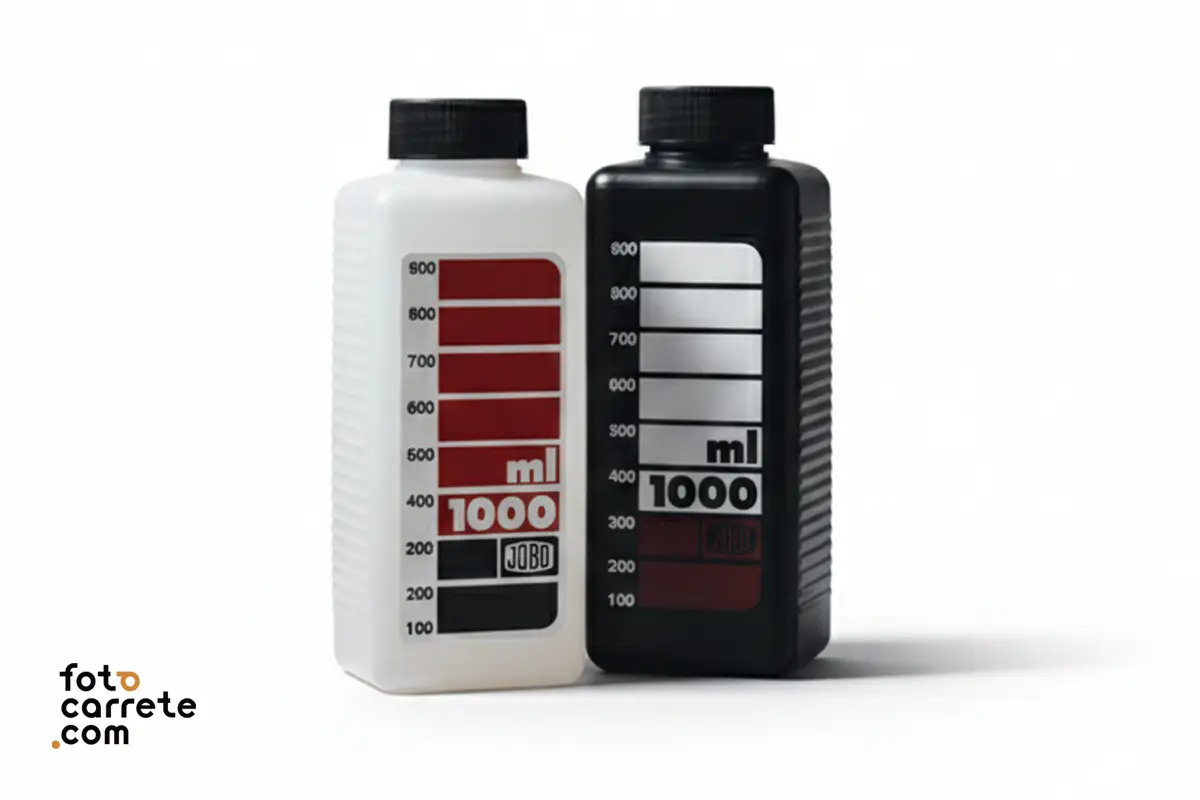 Botellas Jobo graduadas de 1000ml en blanco y negro para conservación.