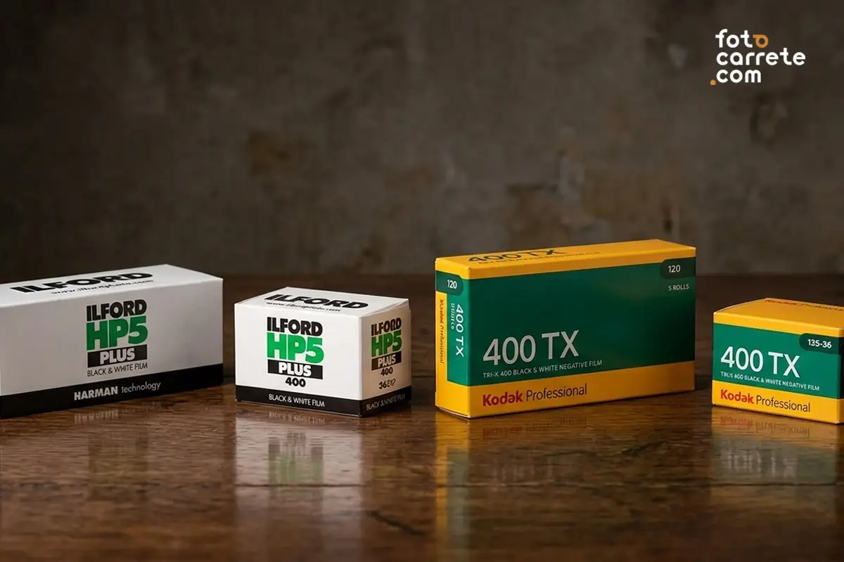 Comparativa visual en una mesa de las cajas de Ilford HP5 Plus (formato 120 y 35mm) y Kodak 400 TX (formato 120 y 35mm).