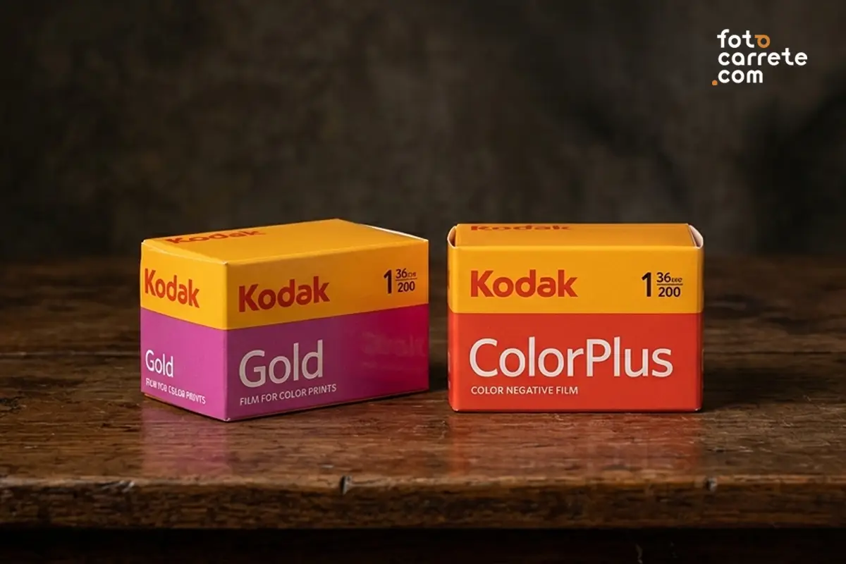 Fotografía comparativa frente a frente de las cajas de los carretes de 35mm Kodak Gold 200 y Kodak ColorPlus 200.