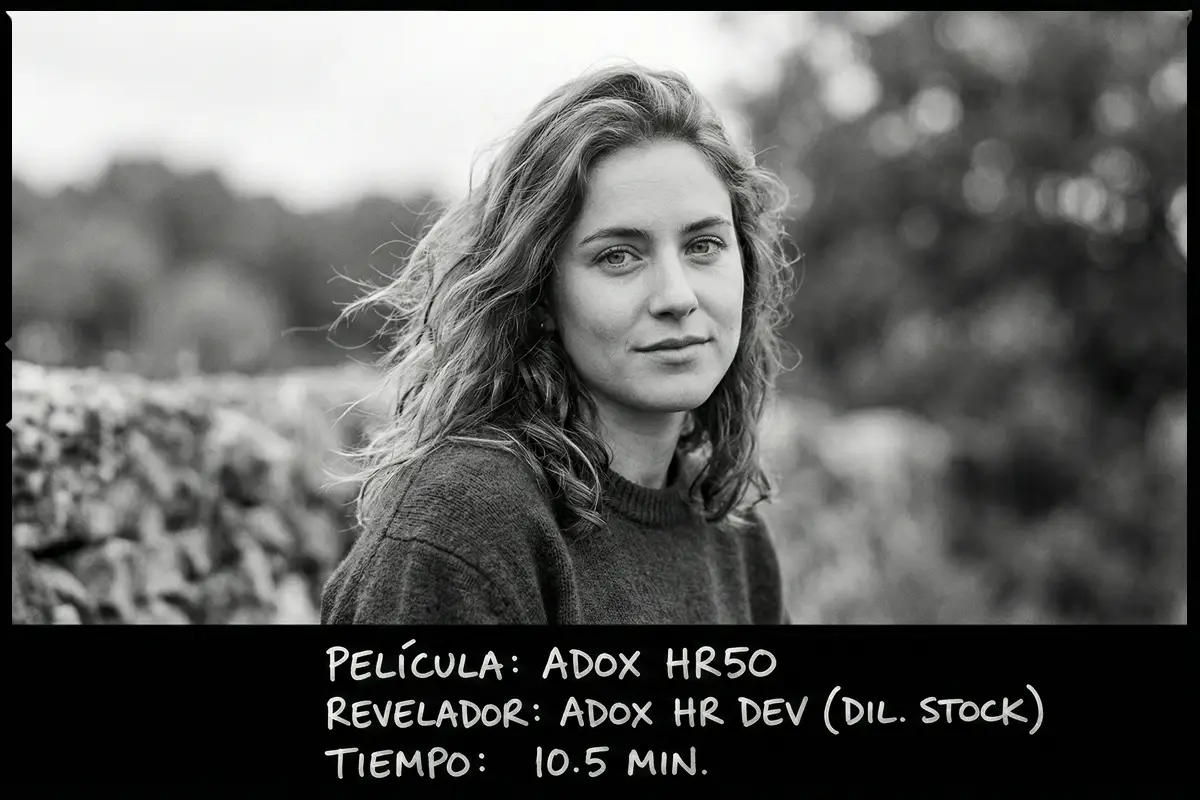 Retrato analógico en blanco y negro de gran nitidez tomado con película Adox HR50 y revelador Adox HR DEV.