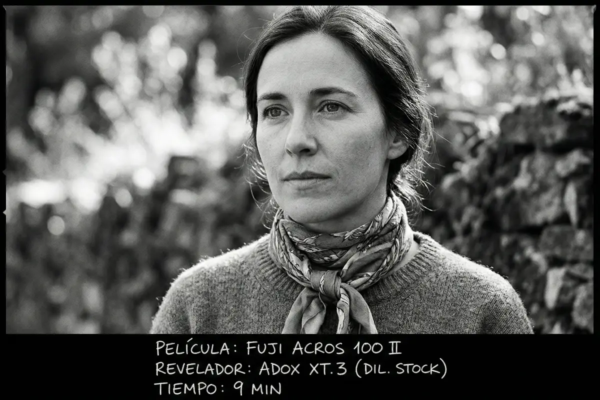 Retrato en exteriores en blanco y negro capturado con la película fotográfica Fuji Acros 100 II.