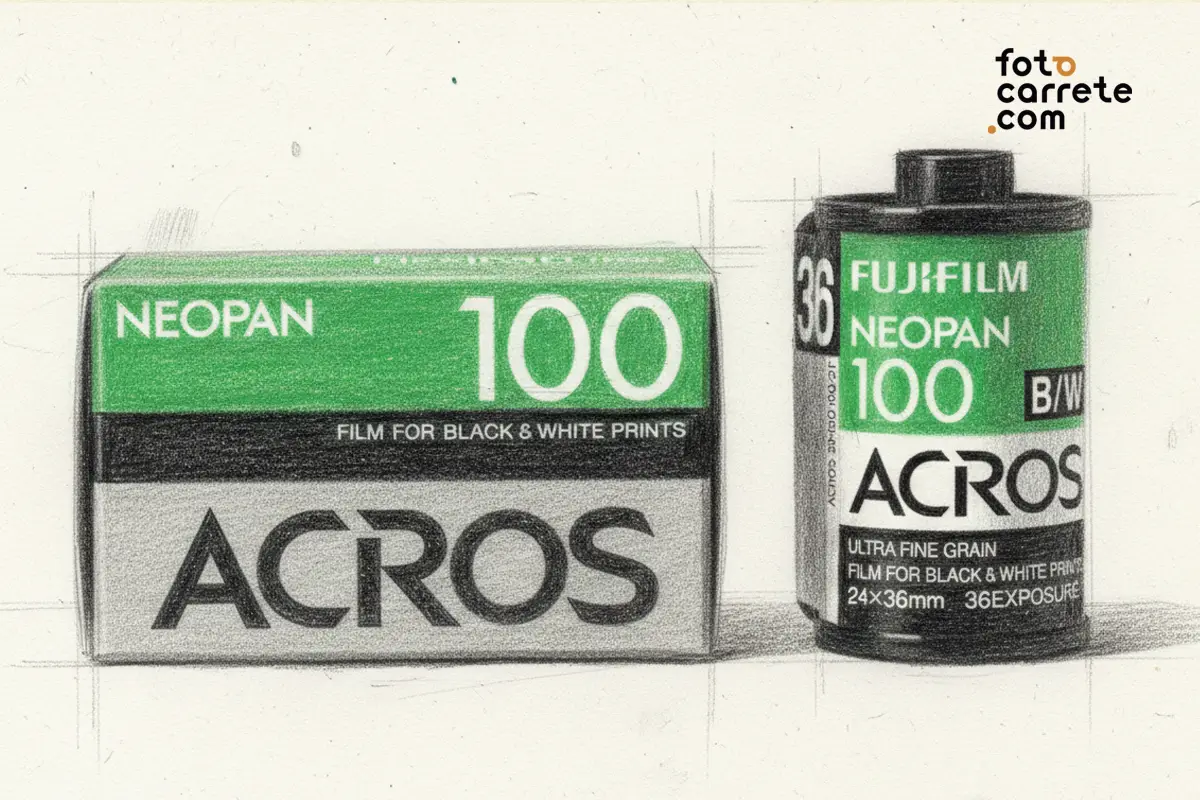 Caja y chasis de carrete Fujifilm Neopan 100 Acros en blanco y negro