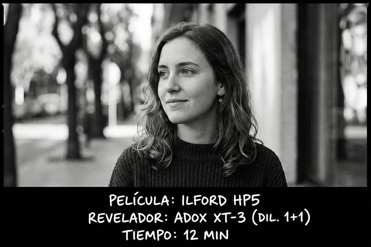 Fotografía urbana en blanco y negro de una persona, tomada con película Ilford HP5 y revelador Adox XT-3.