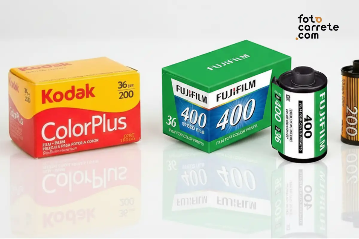 Cajas y carretes de 35mm a color Kodak ColorPlus 200 y Fujifilm 400