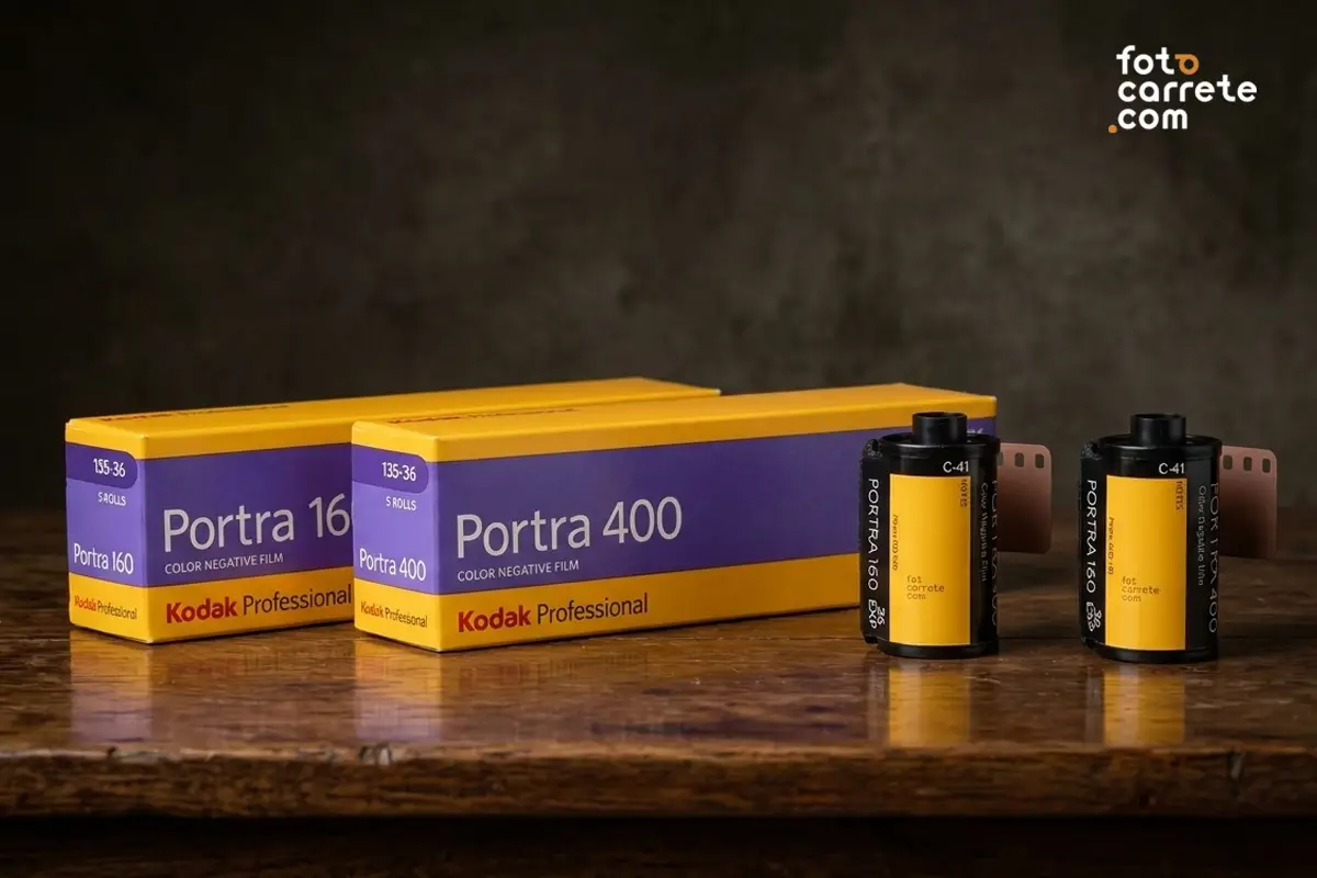 Cajas y carretes sueltos de 35mm de película profesional Kodak Portra 160 y Kodak Portra 400 sobre una mesa de madera.