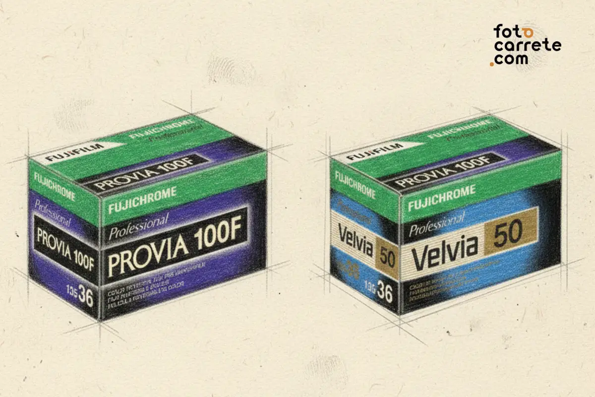 Cajas de película diapositiva Fujifilm Provia 100F y Velvia 50 de 35mm