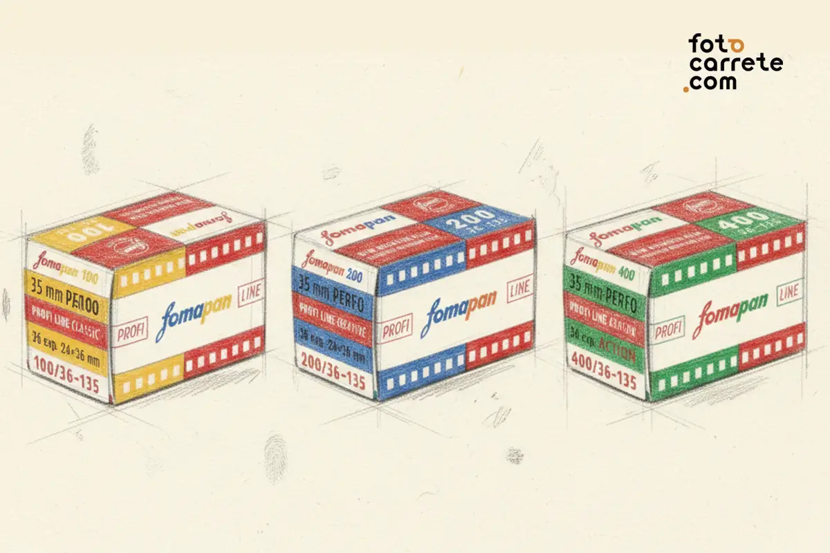 Cajas de diseño retro de carretes Fomapan 100, 200 y 400 en 35mm