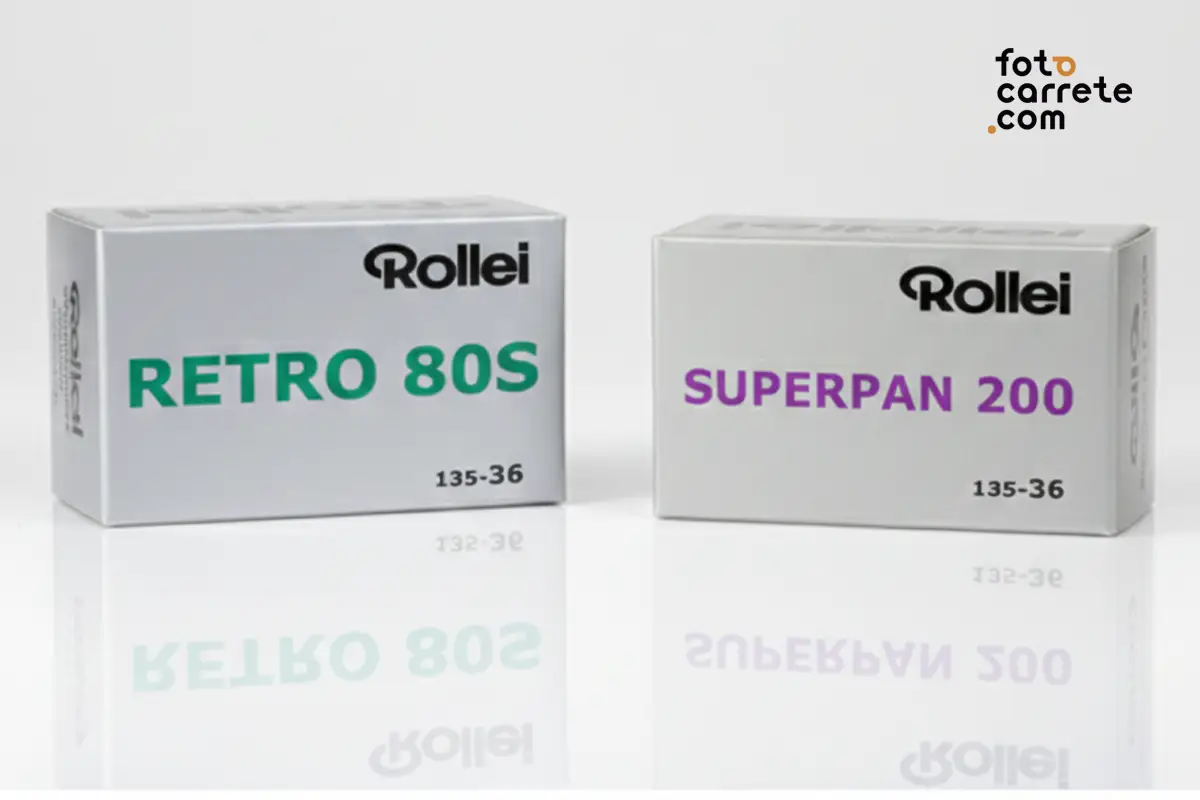 Cajas de carretes Rollei Retro 80S y Superpan 200 en blanco y negro