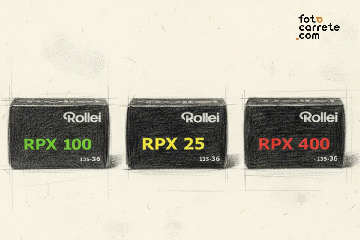 Cajas de película Rollei RPX 25, 100 y 400 en blanco y negro de 35mm