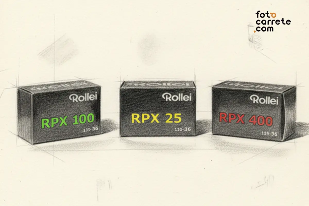 Ilustración de cajas de película Rollei RPX en sensibilidades 25, 100 y 400 ISO.