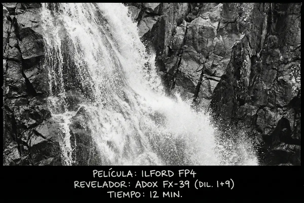 Fotografía de paisaje de una cascada de agua en blanco y negro con película Ilford FP4.
