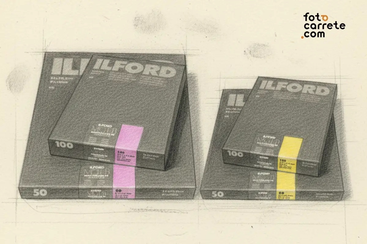 Ilustración artística de cajas de papel Ilford Multigrade para laboratorio.