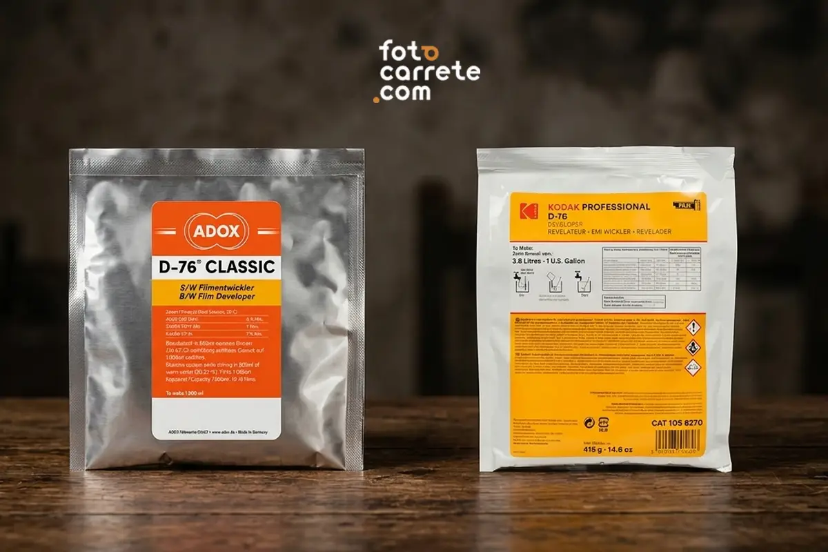 Sobres de revelador fotográfico en polvo Adox D-76 Classic (plata) y Kodak Professional D-76 (blanco) para preparar un galón.