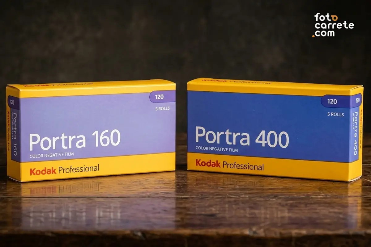 Fotografía de cerca de las cajas de película profesional Kodak Portra 160 y Portra 400 en formato 120.