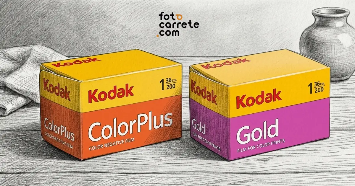 Ilustración de estilo dibujo a lápiz de las cajas de película analógica Kodak ColorPlus 200 y Kodak Gold 200.