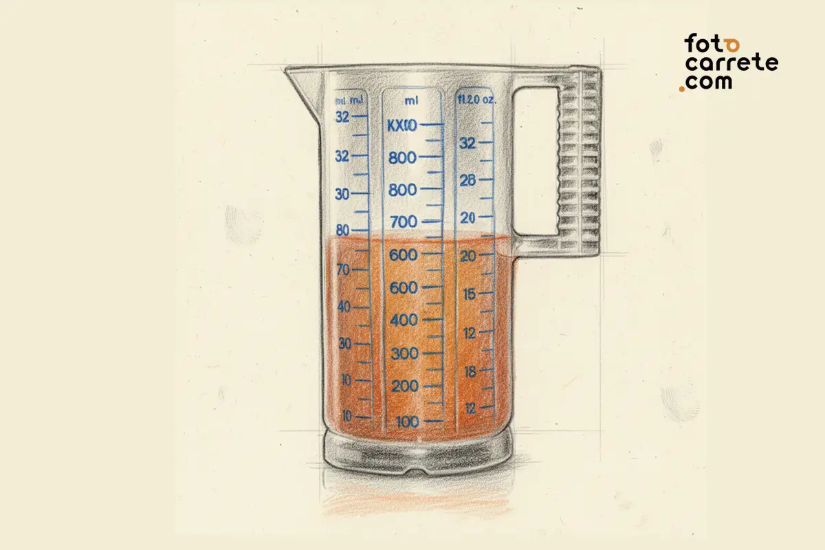 Ilustración de una jarra medidora con líquido de revelado para laboratorio analógico