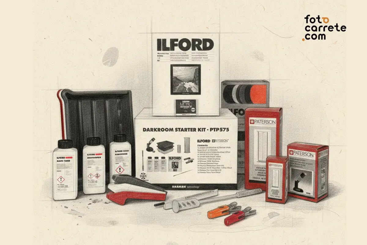 Ilustración del Kit de iniciación al cuarto oscuro Ilford y Paterson PTP575