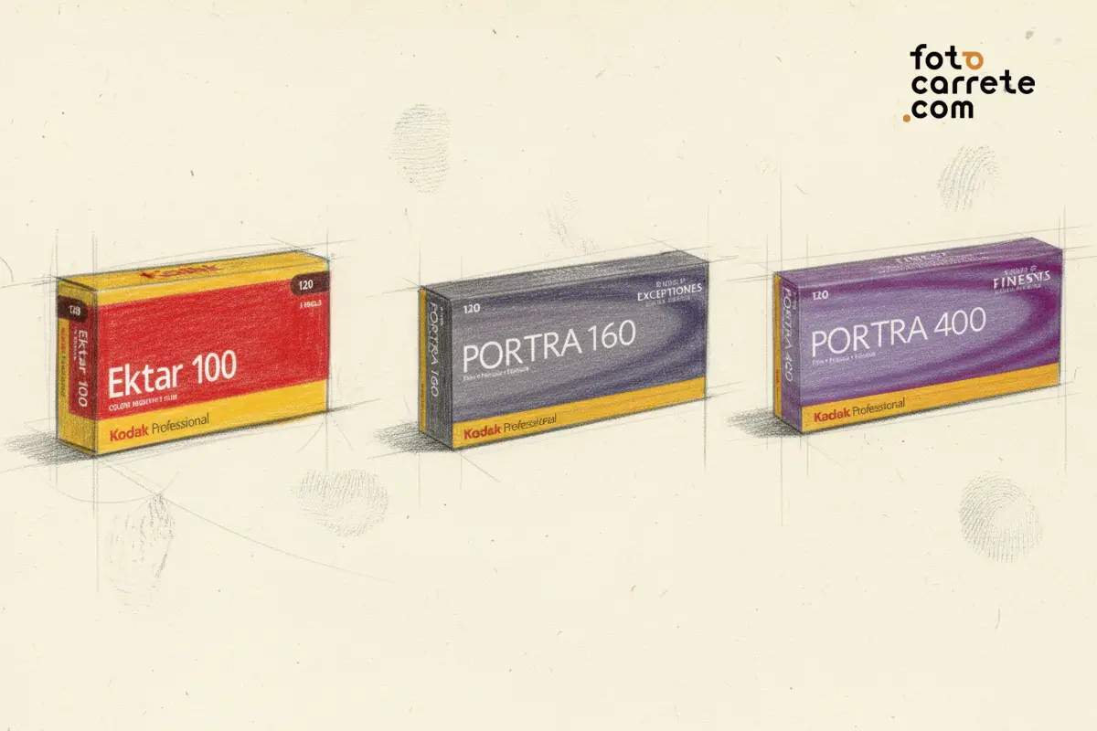 Ilustración de cajas de película 120 Kodak Ektar 100, Portra 160 y Portra 400