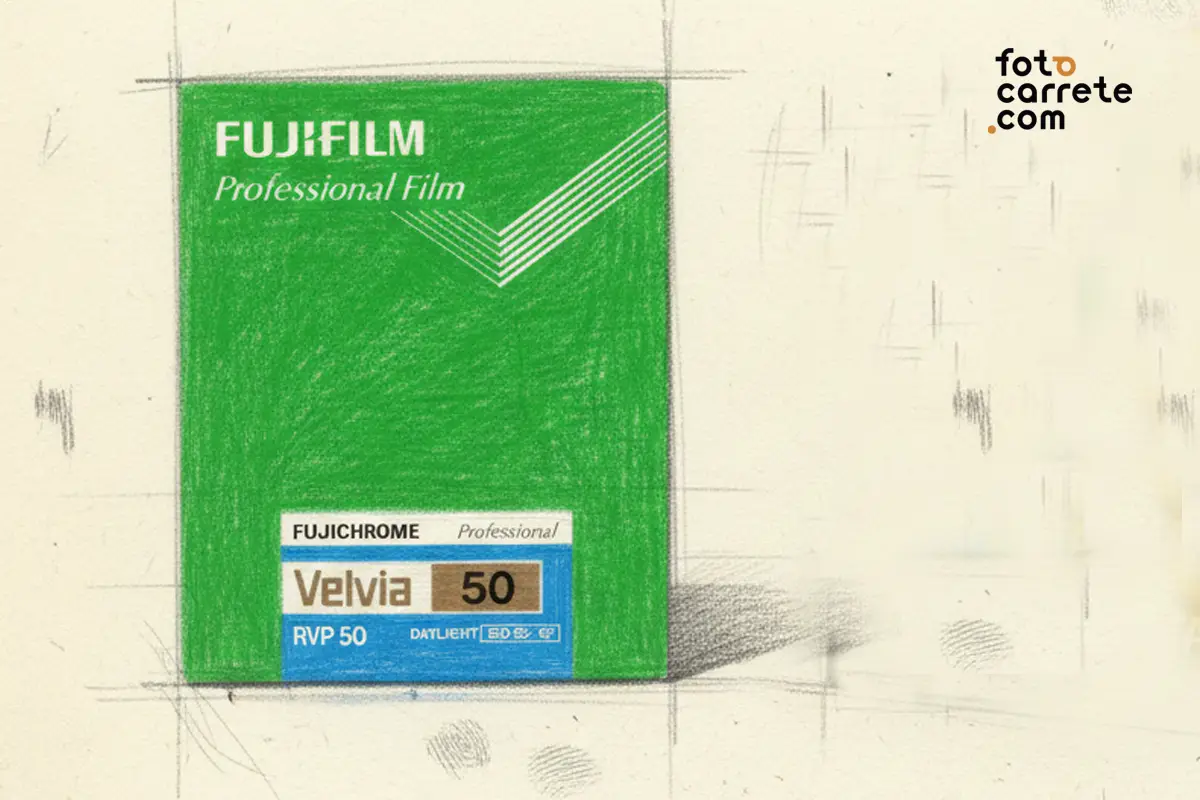 Ilustración de caja de película en placas Fujifilm Velvia 50