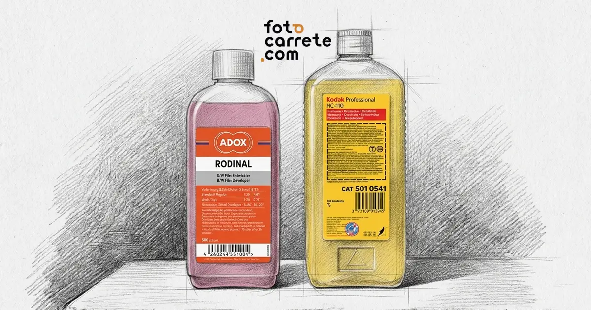 Ilustración a lápiz de dos botellas de revelador líquido para película en blanco y negro: Adox Rodinal y Kodak Professional HC-110.