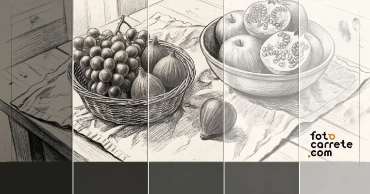 Comparativa de diferentes niveles de contraste en un dibujo de un frutero
