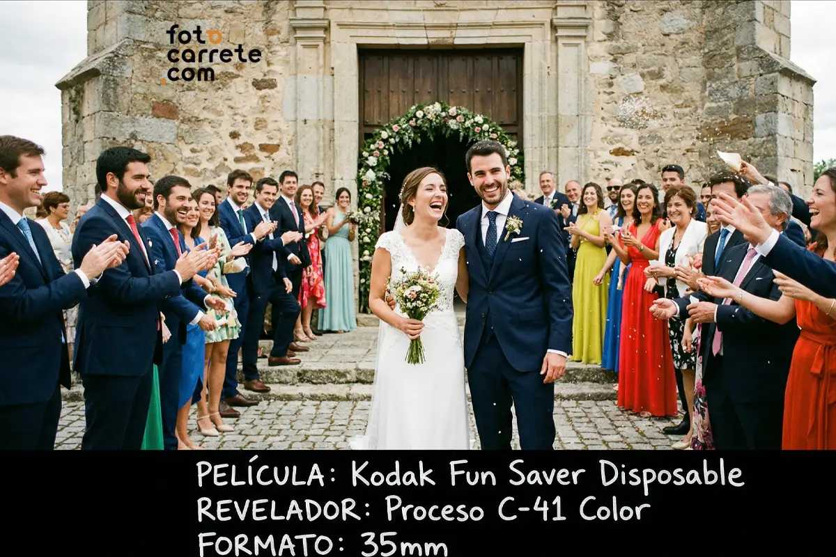 Novios sonriendo a la salida de la iglesia bajo una lluvia de arroz, fotografía analógica de boda.