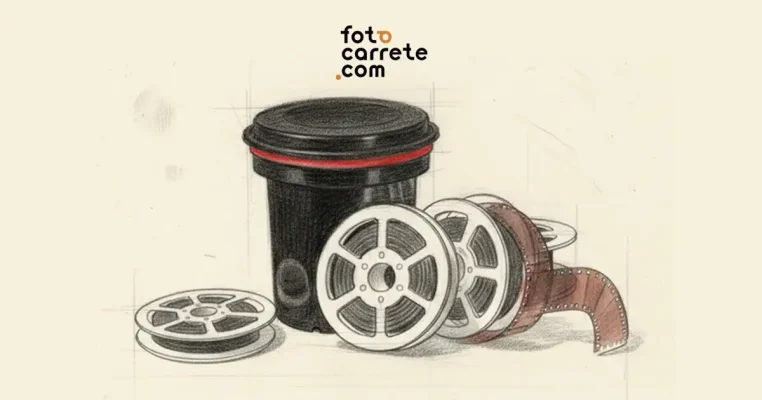 Ilustración de un tanque de revelado fotográfico negro con tapa roja junto a varias espirales y una película analógica.