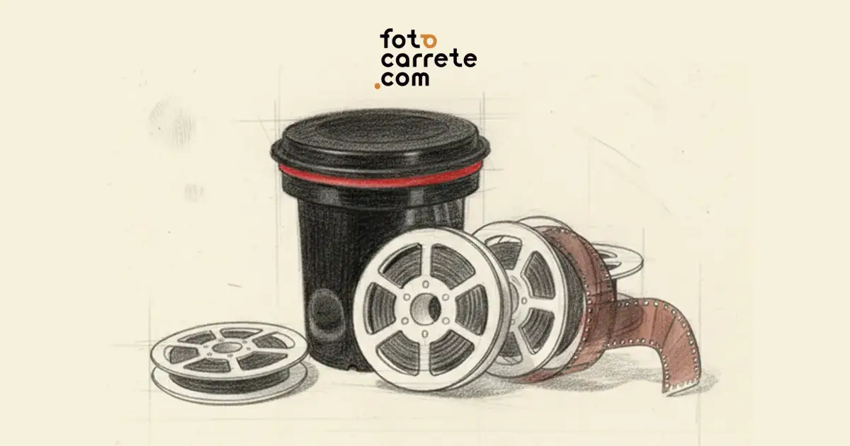 Ilustración de un tanque de revelado fotográfico negro con tapa roja junto a varias espirales y una película analógica.