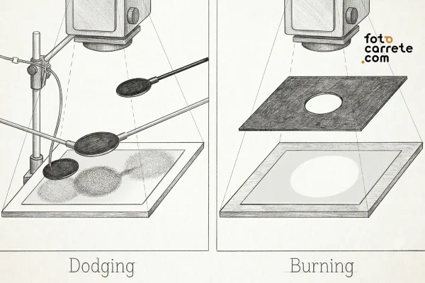 Diagrama del paso y bloqueo de luz amarilla en técnicas de burning in y dodging