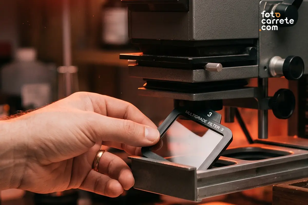 Mano insertando un filtro multigrado número 3 en una ampliadora fotográfica