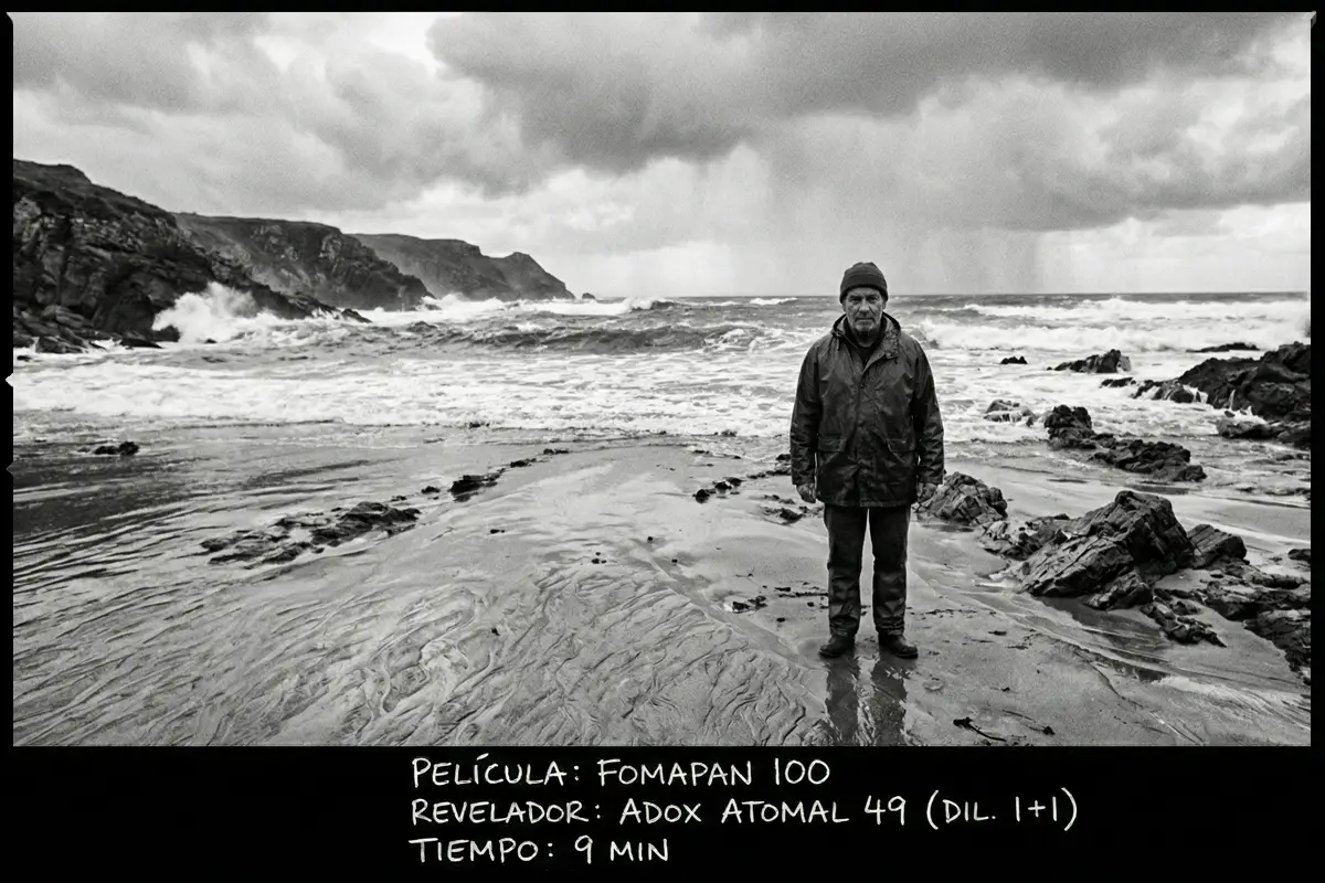 Hombre de pie en una playa rocosa con cielo nublado, capturado con carrete Fomapan 100.
