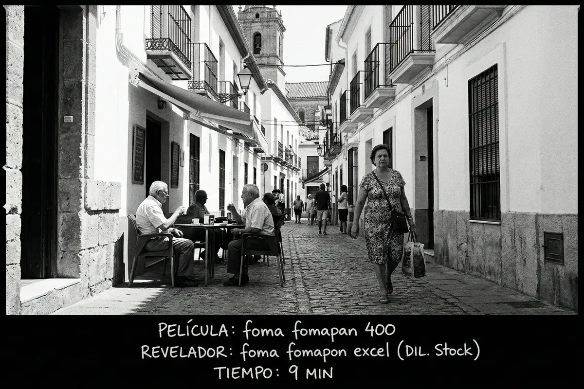 Escena costumbrista en la calle de un pueblo blanco, tomada con película Fomapan 400.